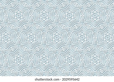 Geometric volumetric convex ethnic white 3D pattern. Embossed blue background. Oriental, Indonesian, Asian motifs in arabesque style, lace fashionable texture, cut paper ornament.