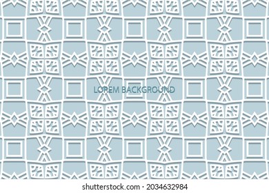 Geometric volumetric convex ethnic white 3D pattern, cover design. Embossed blue background, elegant arabesque. Cut paper effect. Oriental, Indonesian, Asian motives, lace texture.