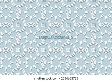Geometric volumetric convex ethnic white 3D pattern, cover design. Embossed blue background, abstract arabesque. Cut paper effect. Oriental, Indonesian, Asian motives, lace texture.
