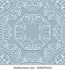 Geometric volumetric convex ethnic white 3D pattern, abstract cover design. Embossed blue background, mandala. Cut paper effect, unique lace texture. Oriental, Indonesian, Asian motives.