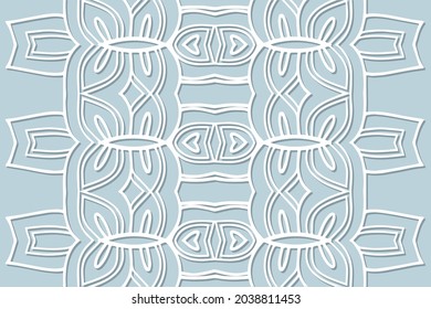 Geometric volumetric convex ethnic white 3D pattern. Embossed abstract blue background in handmade style. Cut paper effect, openwork lace texture. Oriental, Indonesian, Asian motives.