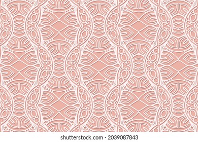 Geometric volumetric convex ethnic white 3D pattern, original cover design. Embossed pink background, arabesque. Cut paper effect, openwork lace texture. Oriental, Indonesian, Asian motives.