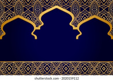 Geometric volumetric convex gold 3D pattern. Islamic design ethnic blue background with arabic relief unique ornament and dome of the mosque. Ramadan Kareem. Eid Mubarak greeting card. 