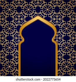 Geometric volumetric convex gold 3D pattern. Islamic unique design ethnic dark blue background with arabic embossed ornaments. Ramadan Kareem. Eid Mubarak greeting card.