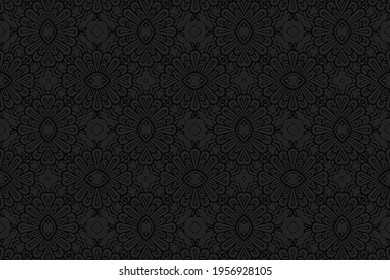 Geometric volumetric convex original curly black background. Ethnic African, Mexican, Native American motives. 3d relief pattern. Abstract style for design and decoration.