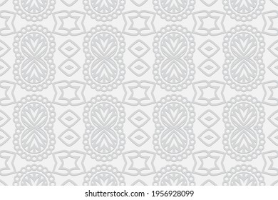 Geometric volumetric convex unique white background. Ethnic African, Mexican, Native American motives. 3d relief pattern. Abstract style for design and decoration.