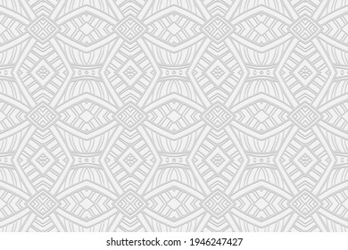 Geometric volumetric convex white background. Ethnic African, Mexican, Native American style. 3D texture from a relief unique ornament for wallpaper design, presentations, stained glass, textiles.