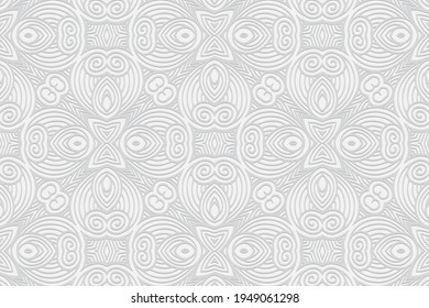 Geometric volumetric convex white background. Ethnic African, Mexican, Indian motives. 3D relief ornament in doodling style. Abstract pattern for wallpaper, textiles, presentations.