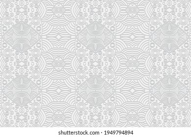 Geometric volumetric convex white background. Ethnic African, Mexican, Indian motives. 3D relief pattern in the style of doodling of circles and figures. Complex ornament for design and decor.
