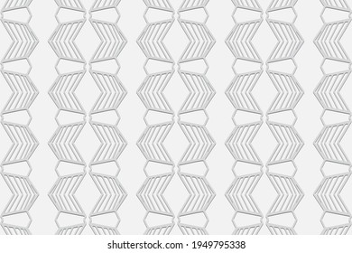 Geometric volumetric convex white background. Ethnic African, Mexican, Indian motives. 3D relief pattern in doodling style. Ornament for design and decor.
