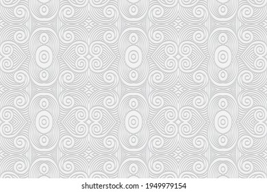 Geometric volumetric convex white background. Ethnic African, Mexican, Indian motives. 3d embossed pattern in doodling style with original hearts.Fashionable ornament for design.