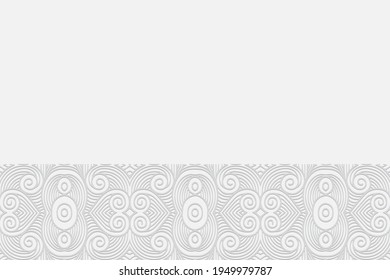 Geometric volumetric convex white background. Ethnic African, Mexican, Indian motives. 3D relief pattern in doodling style with original hearts. Horizontal insert with ornament.
