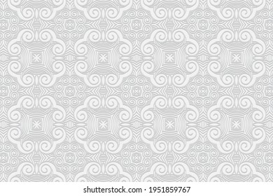 Geometric volumetric convex white background. Ethnic African, Mexican, Indian motives. 3d embossed intricate pattern.Trendy craft style for wallpaper, presentations. 