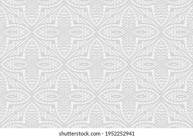 Geometric volumetric convex white background. Ethnic African, Mexican, Indian motives. Handmade style. 3D embossed modern pattern for design and decoration.