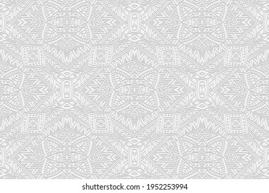 Geometric volumetric convex white background. Ethnic African, Mexican, Indian motives. Handmade style. 3D embossed complex national pattern for design and decoration. 
