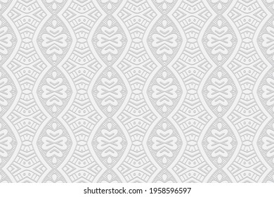Geometric volumetric convex white background. Ethnic African, Mexican, Native American motives. Abstract handmade style. 3D relief exotic figured pattern for design decoration.