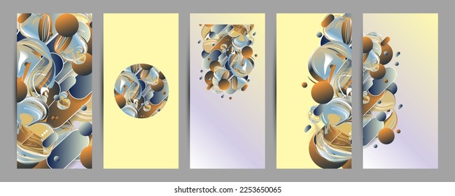 Formas volumétricas geométricas en el conjunto de tarjetas artísticas universales creativas. Diseño gráfico de moda para banner, afiche, portada, invitación, pancarta, folleto