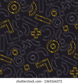 Geometric volumetric vector seamless pattern. Abstract 3D lines, squares, circles textile ornament. Chaotic plus, minus symbols volumetric background. Minimalistic memphis wallpaper design