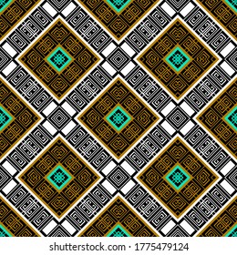Geometric waffle greek seamless pattern. Vector ornamental elegant background. Rhombus frames. Tribal ethnic style repeat backdrop. Greek key meanders trendy ornaments. Colorful abstract modern design