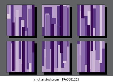 Geometric wall art decoration set of 6 prints abstract art. Rectangles in purple shade colours. 
