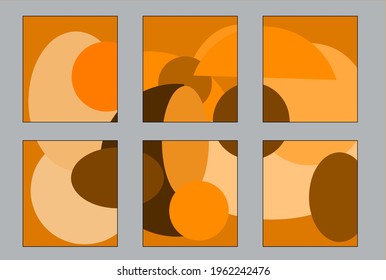 Geometric wall decor art collection of 6 with orange, cream and brown colour. Oval and circle shapes. Vector illustration.