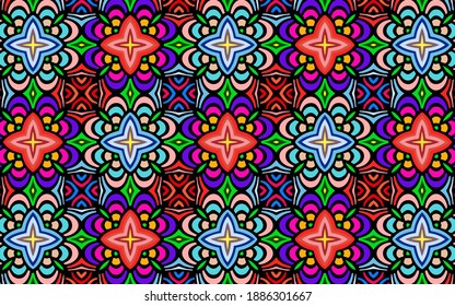Geometric wallpaper. Ethnic floral ornament based on African, Indian, Mexican, Aztec motives. Doodling style pattern. Design for wrapping paper, business card, textile, fabric, website, stained glass.