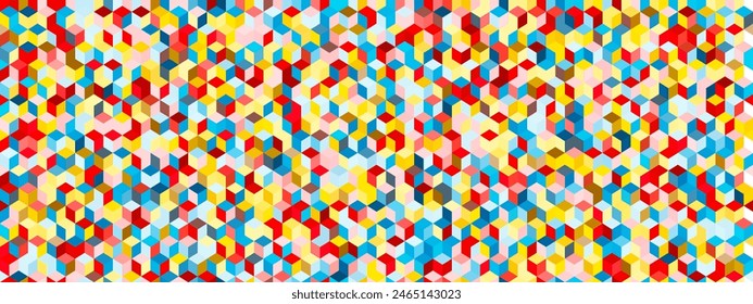 Geometric wallpaper made from cubes with the illusion of depth in a seamless pattern. Vintage red, yellow and blue vector background. Futuristic optical bg