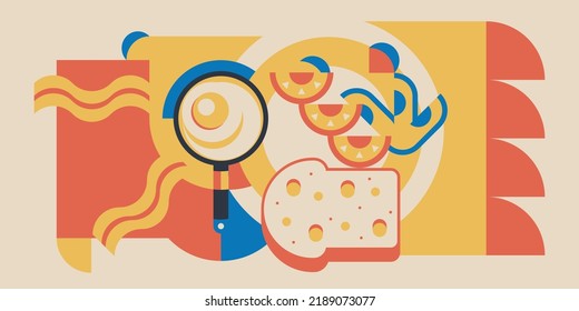 Geometric warm poster with scrambled eggs, toast and fresh vegetables. Top view breakfast illustration made from simple shapes. Minimalist food design style isolated on white background. Bauhaus
