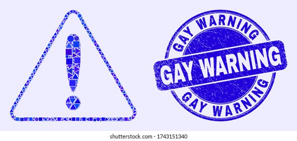 Geometric warning mosaic icon and Gay Warning seal stamp. Blue vector rounded textured seal stamp with Gay Warning text. Abstract concept of warning created of spheric, triangles,