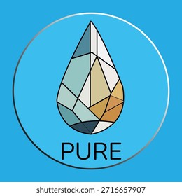 Diseño geométrico del logotipo de la gota de agua con texto "puro" sobre fondo azul