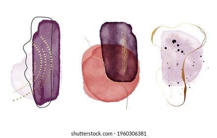Geometric watercolor circle shape, interior decor. Violet pink creative frame, business vector template. Vintage shape with ink strokes, dots, gold lines 