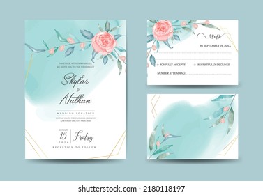 Geometric watercolor greenery tropical wedding invitation template and RSVP