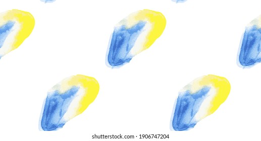 Geometric watercolor seamless pattern with diagonal colorful shapes. Ornament in geometric modern style. Splash watercolor texture background. Blue and yellow drawing wallpaper. Vector illustration