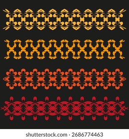 Geometric wave borders. Three abstract patterns. Orange red elements. Vector dynamic frames. EPS 10.