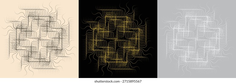 Geometric wave grid mandala, wavy circuitry triptych vector illustration.