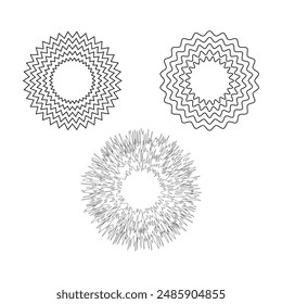Geometric wave patterns. Abstract sunburst shapes. Black outlines vector. Simple radial designs.