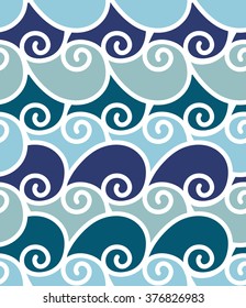 Geometric wave sea vector seamless pattern created with blue, turquoise and azure swirl