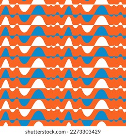 Geometric wave seamless pattern. Abstract repeated striped background. Orange, blue and white colours. For Print on Textile, Wrapping Paper, packaging, Web Design.
