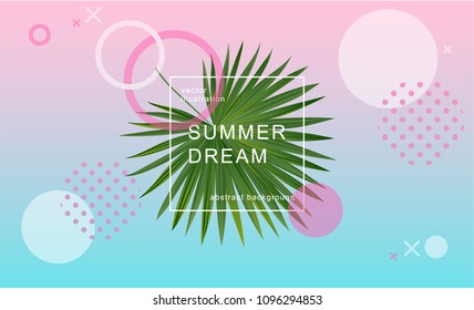 Geometric waves, abstract background with liquid dynamic fluid gradient shapes and palm leaves composition. Dynamic summer background. Eps10 vector illustration.