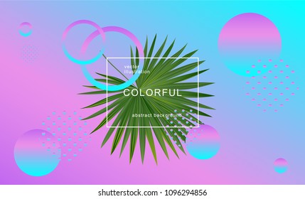 Geometric waves, abstract background with liquid dynamic fluid gradient shapes and palm leaves composition. Dynamic summer background. Eps10 vector illustration.
