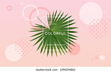 Geometric waves, abstract background with liquid dynamic fluid gradient shapes and palm leaves composition. Dynamic summer background. Eps10 vector illustration.