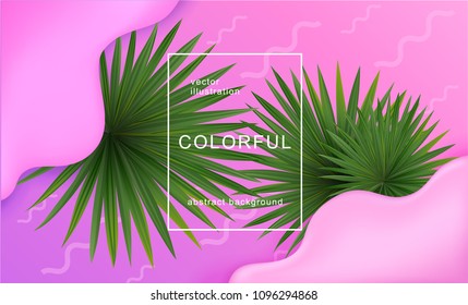 Geometric waves, abstract background with liquid dynamic fluid gradient shapes and palm leaves composition. Dynamic summer background. Eps10 vector illustration.