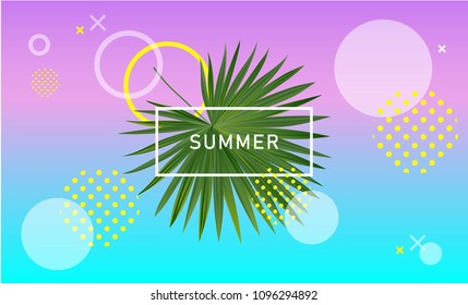 Geometric waves, abstract background with liquid dynamic fluid gradient shapes and palm leaves composition. Dynamic summer background. Eps10 vector illustration.