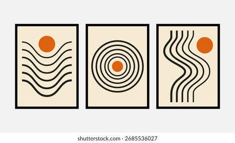 geometric waves and circles in minimal abstract style for posters. mid century with concentric circles and wavy line for wall art. contemporary wavy line patterns and circular form in boho style