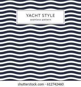 Geometric waves seamless pattern. Yacht style design. Simple navy blue background. Template for prints, wrapping paper, fabrics, covers, flyers, banners, posters and placards. Vector illustration. 