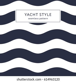Geometric waves seamless pattern. Yacht style design. Simple navy blue background. Template for prints; wrapping paper; fabrics; covers; flyers; banners; posters and placards. Vector illustration.