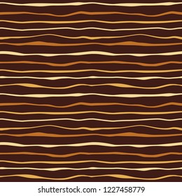 Geometric waves stripes lines seamless pattern in brown coffee colors. Abstract wavy coffee background, texture. Cute simple vector design for coffee cup print, wallpaper, textile, gift wrap, cards