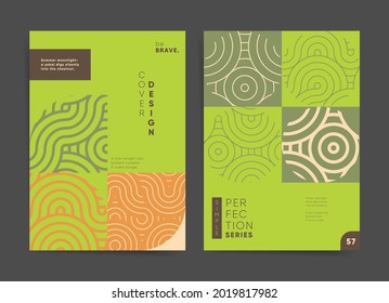 Geometric wavy circles design for book or magazine. Asian circles and puzzles geometric backgrounds set. Creative Abstract geometry shapes concept for business presentation. Green background shapes.