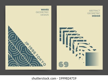 Geometric wavy circles design for poster, book cover, brochure or background. Minimal Asian circles and waves geometric backgrounds set. Creative Abstract geometry shapes concept. Blue and white print