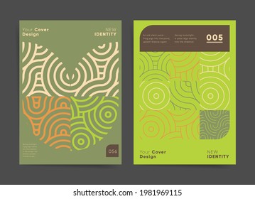 Geometric wavy circles design set for poster, book cover, brochure or background. Asian style circles and waves geometric backgrounds set. Abstract geometry shapes graphic. Green oriental background.